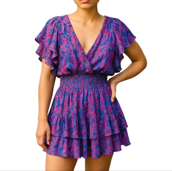 Gilner Farrar Finley Floral Ruffle Mini Dress in Pink and Purple Size M - Picture 1 of 7